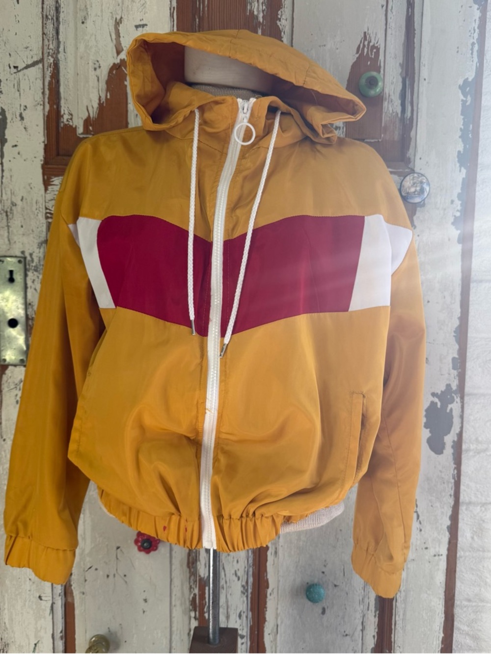 Women’s Mustard Hooded Bomber Jacket with Red & White Panel
